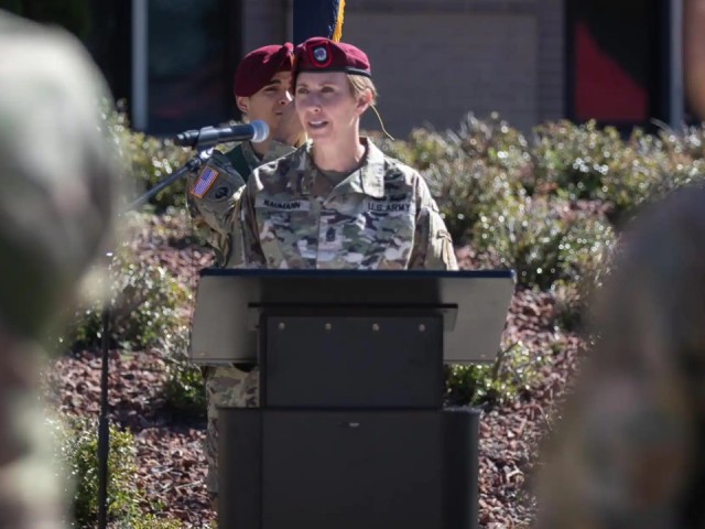 Command Sgt. Maj. JoAnn Naumann assumes the duties as the USASOC command senior enlisted leader effective May 1, 2023. Naumann provides remarks during the USASOC Change of Responsibility Ceremony on Meadows Field at USASOC Headquarters on Fort...
