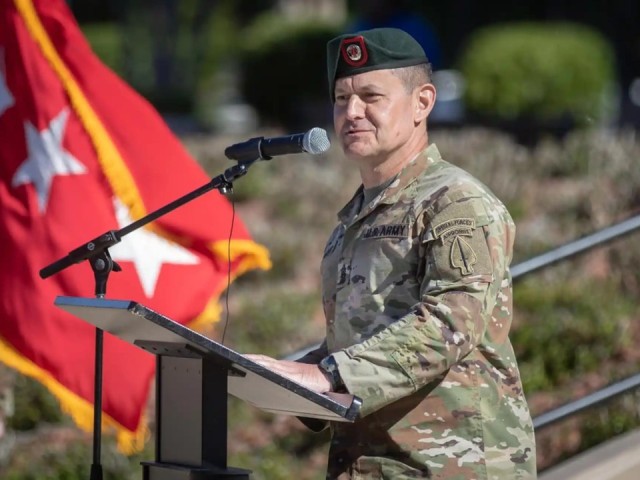 Command Sgt. Maj. Michael R. Weimer delivers remarks during the USASOC Change of Responsibility Ceremony on Meadows Field at USASOC Headquarters on Fort Bragg, North Carolina, May 1. Weimer’s next assignment is serving as the 17th Sergeant Major...